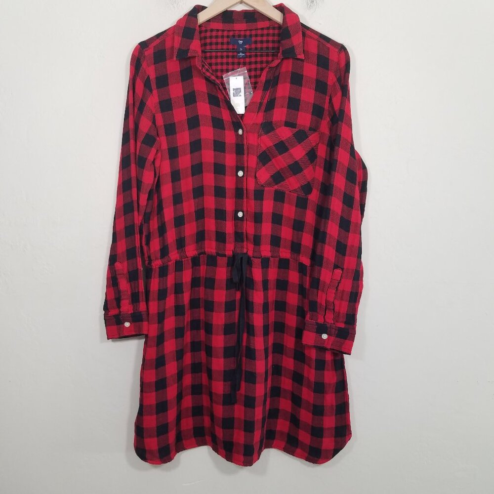 NWT GAP Cotton Plaid Long Sleeve Shirt Dress Red and Black Size L